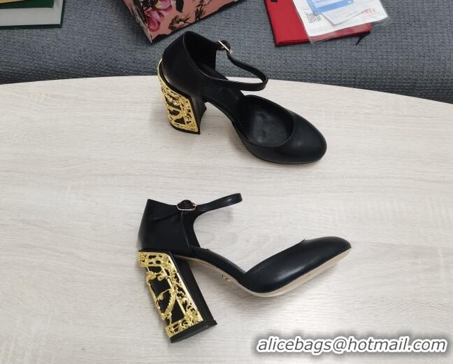 Super Quality Dolce & Gabbana Calf Leather High Heel Pumps 10.5cm with Metal Charm Black 030554