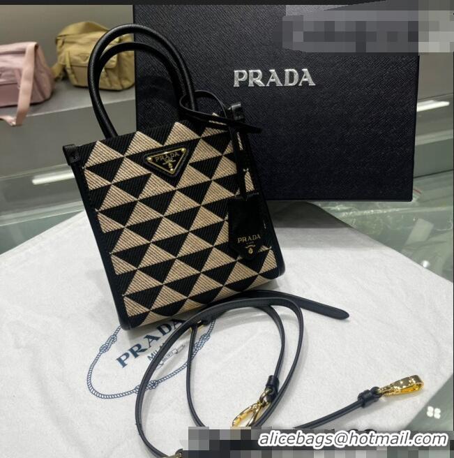 Buy Discount Prada Symbole Jacquard Fabric Micro Handbag 1BA355 Black/Beige 2022