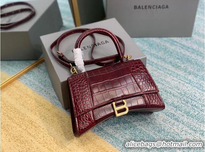 Promotional Balenciaga HOURGLASS SMALL TOP HANDLE BAG crocodile embossed calfskin B108895E Burgundy 