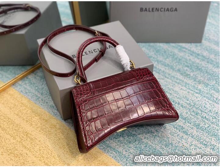 Promotional Balenciaga HOURGLASS SMALL TOP HANDLE BAG crocodile embossed calfskin B108895E Burgundy 