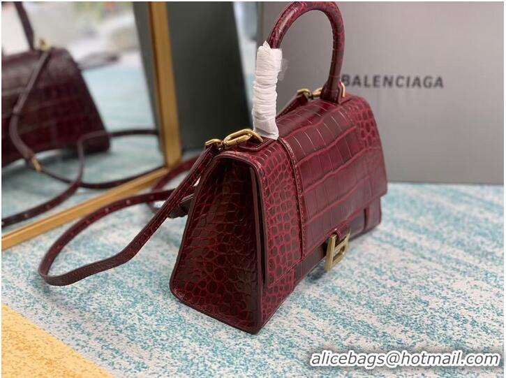 Promotional Balenciaga HOURGLASS SMALL TOP HANDLE BAG crocodile embossed calfskin B108895E Burgundy 