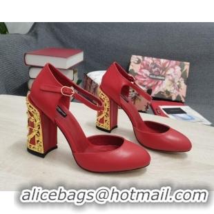 Duplicate Dolce & Gabbana Calf Leather High Heel Pumps 10.5cm with Metal Charm Red 030555