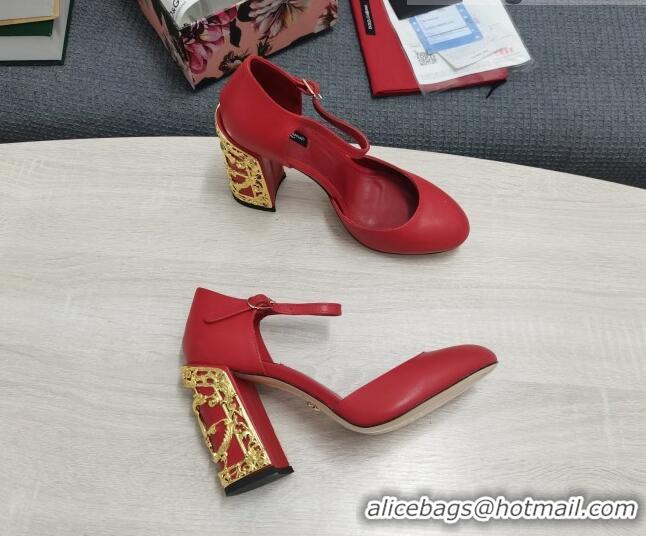 Duplicate Dolce & Gabbana Calf Leather High Heel Pumps 10.5cm with Metal Charm Red 030555