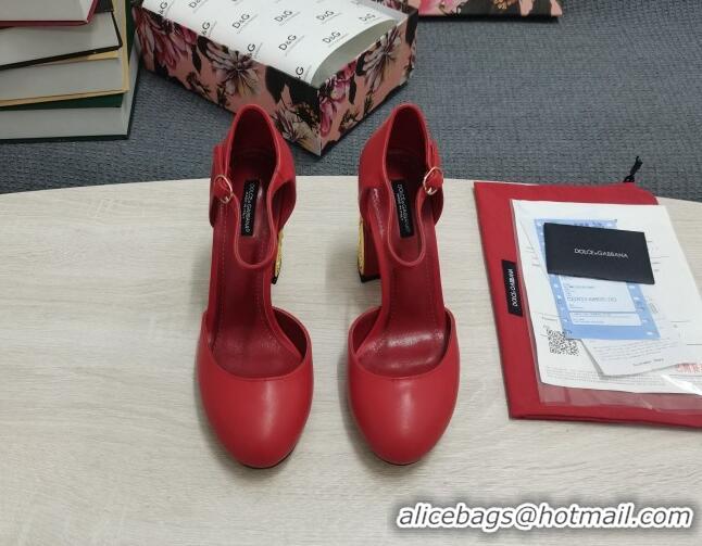 Duplicate Dolce & Gabbana Calf Leather High Heel Pumps 10.5cm with Metal Charm Red 030555