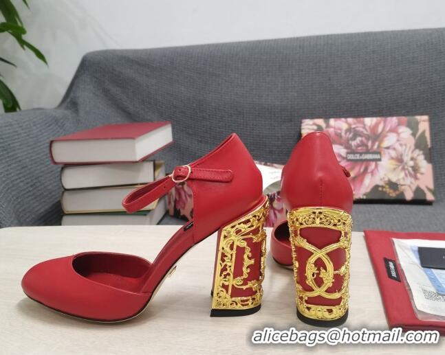 Duplicate Dolce & Gabbana Calf Leather High Heel Pumps 10.5cm with Metal Charm Red 030555