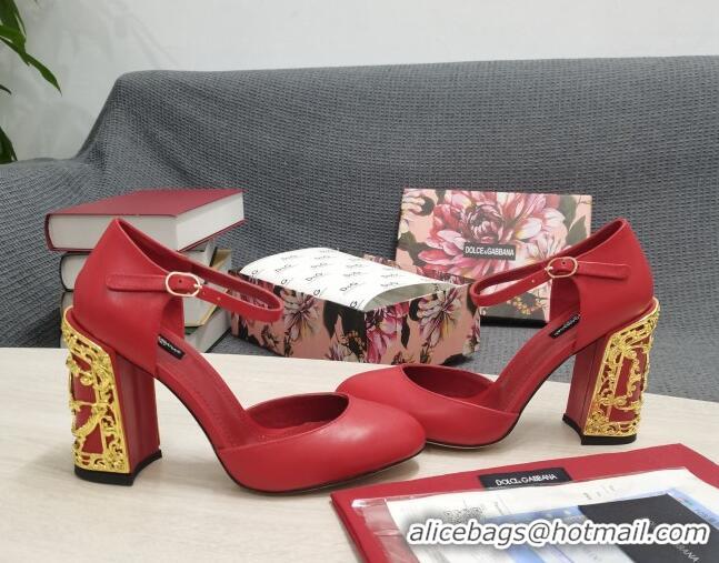 Duplicate Dolce & Gabbana Calf Leather High Heel Pumps 10.5cm with Metal Charm Red 030555