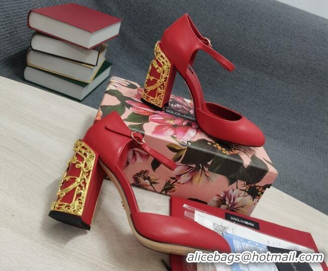 Duplicate Dolce & Gabbana Calf Leather High Heel Pumps 10.5cm with Metal Charm Red 030555