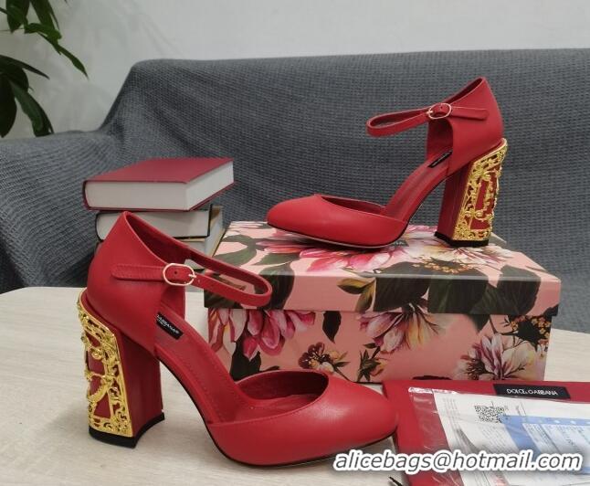 Duplicate Dolce & Gabbana Calf Leather High Heel Pumps 10.5cm with Metal Charm Red 030555