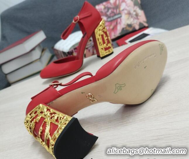 Duplicate Dolce & Gabbana Calf Leather High Heel Pumps 10.5cm with Metal Charm Red 030555