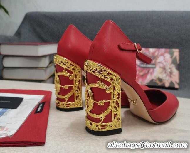 Duplicate Dolce & Gabbana Calf Leather High Heel Pumps 10.5cm with Metal Charm Red 030555