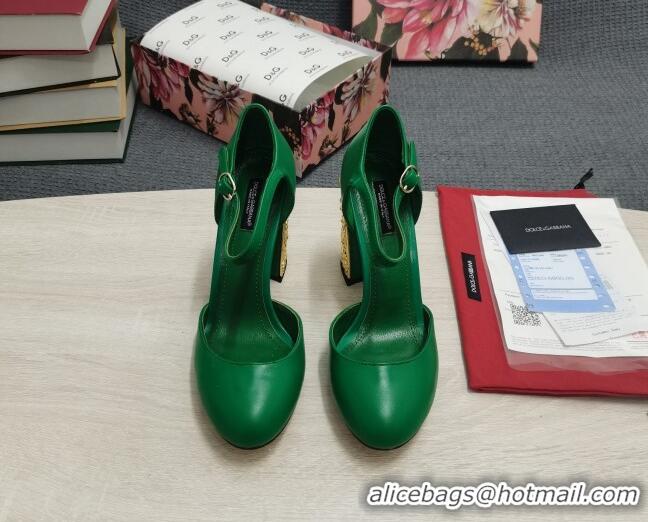 Most Popular Dolce & Gabbana Calf Leather High Heel Pumps 10.5cm with Metal Charm Green 030557