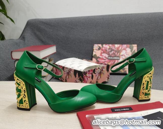 Most Popular Dolce & Gabbana Calf Leather High Heel Pumps 10.5cm with Metal Charm Green 030557