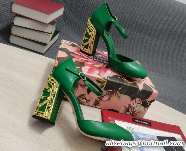 Most Popular Dolce & Gabbana Calf Leather High Heel Pumps 10.5cm with Metal Charm Green 030557