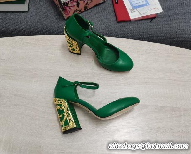 Most Popular Dolce & Gabbana Calf Leather High Heel Pumps 10.5cm with Metal Charm Green 030557