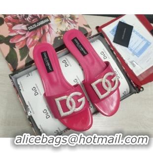 Low Price Dolce & Gabbana Patent Leather Crystal DG Flat Slide Sandals Dark Pink 030565