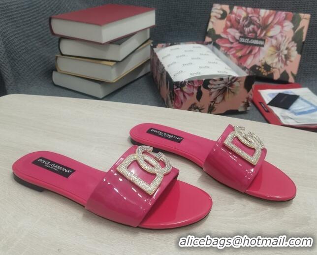 Low Price Dolce & Gabbana Patent Leather Crystal DG Flat Slide Sandals Dark Pink 030565