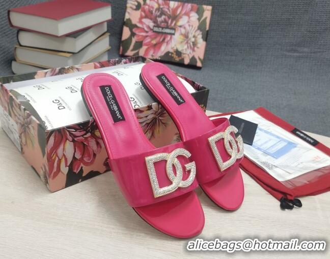 Low Price Dolce & Gabbana Patent Leather Crystal DG Flat Slide Sandals Dark Pink 030565