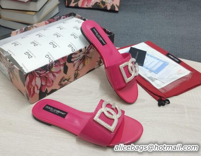 Low Price Dolce & Gabbana Patent Leather Crystal DG Flat Slide Sandals Dark Pink 030565