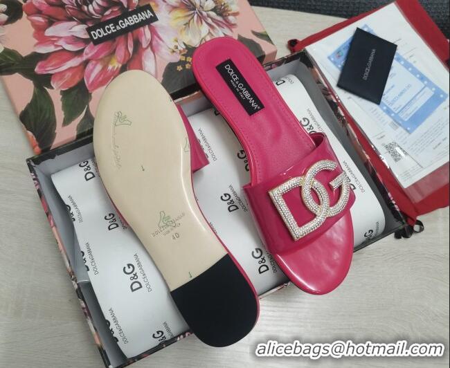 Low Price Dolce & Gabbana Patent Leather Crystal DG Flat Slide Sandals Dark Pink 030565