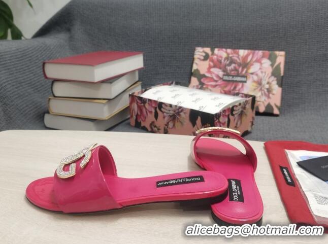 Low Price Dolce & Gabbana Patent Leather Crystal DG Flat Slide Sandals Dark Pink 030565