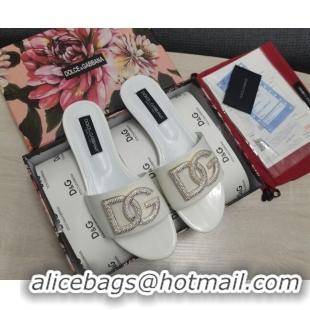 Good Quality Dolce & Gabbana Patent Leather Crystal DG Flat Slide Sandals White 030566