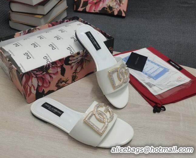 Good Quality Dolce & Gabbana Patent Leather Crystal DG Flat Slide Sandals White 030566