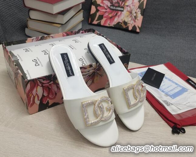 Good Quality Dolce & Gabbana Patent Leather Crystal DG Flat Slide Sandals White 030566