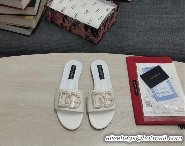 Good Quality Dolce & Gabbana Patent Leather Crystal DG Flat Slide Sandals White 030566