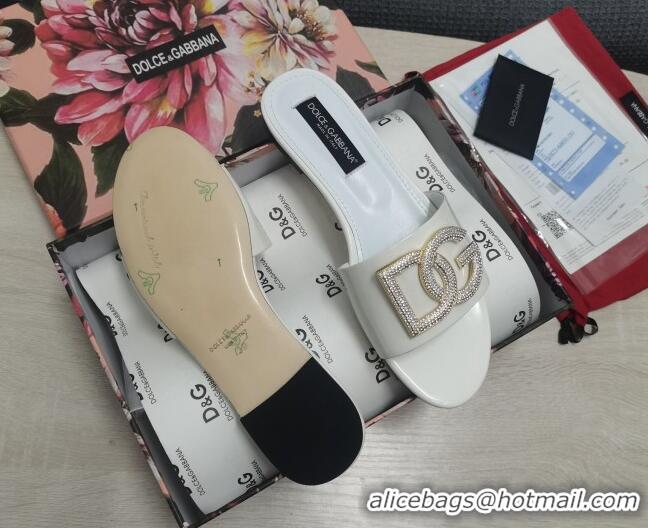 Good Quality Dolce & Gabbana Patent Leather Crystal DG Flat Slide Sandals White 030566