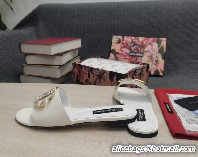 Good Quality Dolce & Gabbana Patent Leather Crystal DG Flat Slide Sandals White 030566