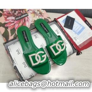 Purchase Dolce & Gabbana Patent Leather Crystal DG Flat Slide Sandals Green 030567