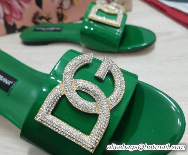 Purchase Dolce & Gabbana Patent Leather Crystal DG Flat Slide Sandals Green 030567