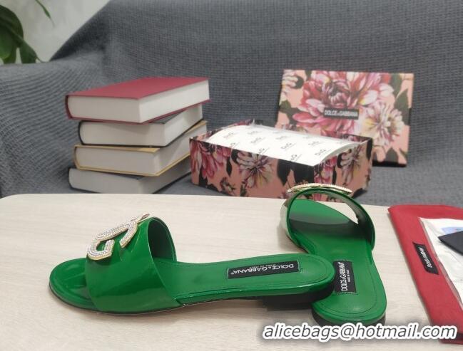 Purchase Dolce & Gabbana Patent Leather Crystal DG Flat Slide Sandals Green 030567