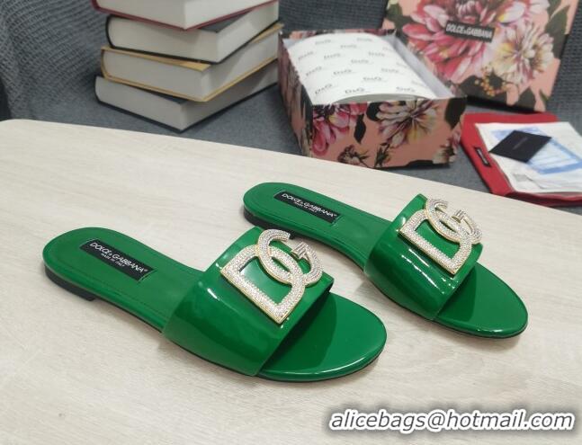 Purchase Dolce & Gabbana Patent Leather Crystal DG Flat Slide Sandals Green 030567