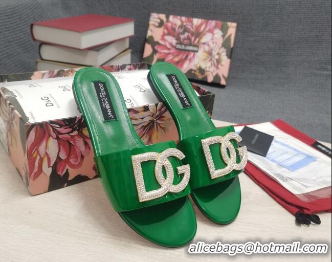 Purchase Dolce & Gabbana Patent Leather Crystal DG Flat Slide Sandals Green 030567