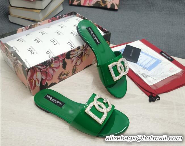 Purchase Dolce & Gabbana Patent Leather Crystal DG Flat Slide Sandals Green 030567