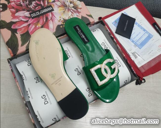 Purchase Dolce & Gabbana Patent Leather Crystal DG Flat Slide Sandals Green 030567