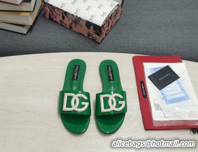 Purchase Dolce & Gabbana Patent Leather Crystal DG Flat Slide Sandals Green 030567