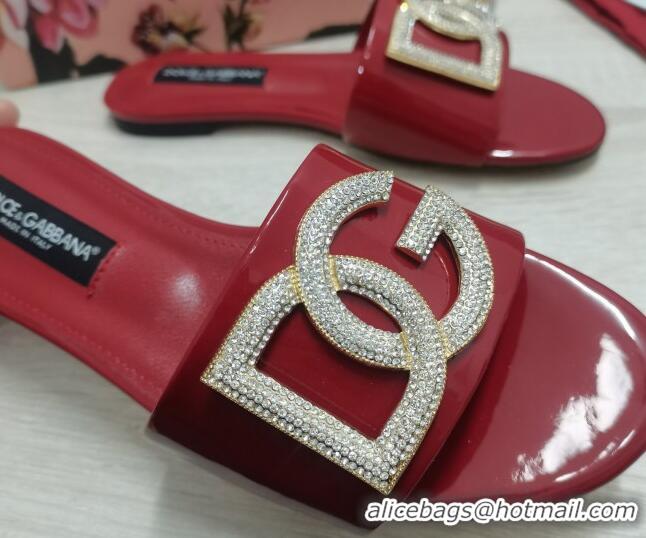 Top Design Dolce & Gabbana Patent Leather Crystal DG Flat Slide Sandals Burgundy 030568