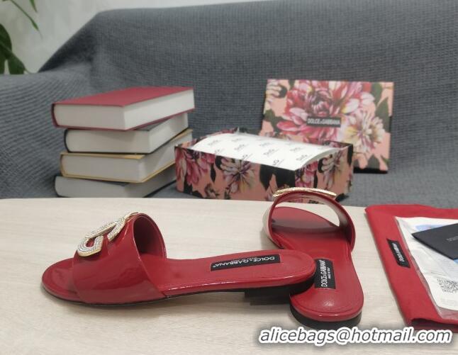 Top Design Dolce & Gabbana Patent Leather Crystal DG Flat Slide Sandals Burgundy 030568