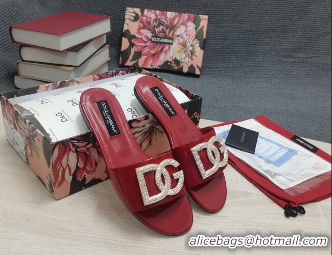 Top Design Dolce & Gabbana Patent Leather Crystal DG Flat Slide Sandals Burgundy 030568