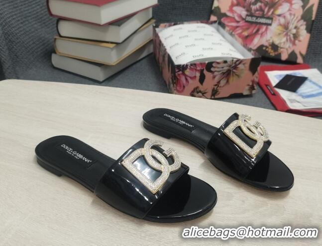 Discount Dolce & Gabbana Patent Leather Crystal DG Flat Slide Sandals Black 030569