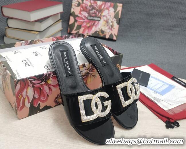 Discount Dolce & Gabbana Patent Leather Crystal DG Flat Slide Sandals Black 030569