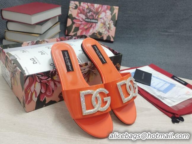 Fashion Discount Dolce & Gabbana Patent Leather Crystal DG Flat Slide Sandals Orange 030562