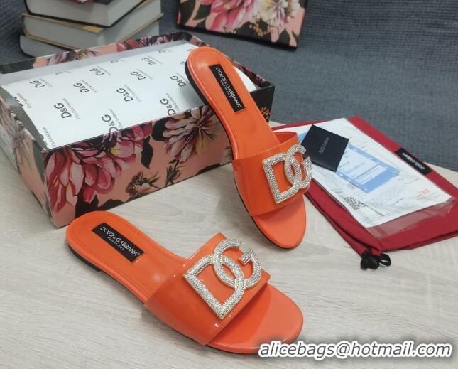 Fashion Discount Dolce & Gabbana Patent Leather Crystal DG Flat Slide Sandals Orange 030562