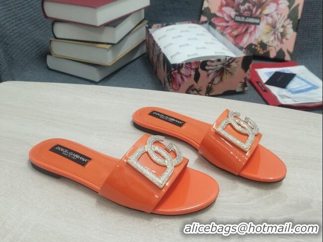 Fashion Discount Dolce & Gabbana Patent Leather Crystal DG Flat Slide Sandals Orange 030562