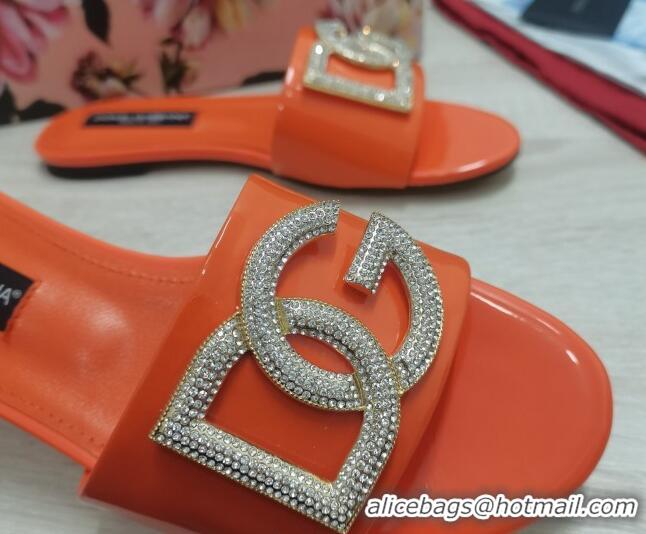 Fashion Discount Dolce & Gabbana Patent Leather Crystal DG Flat Slide Sandals Orange 030562