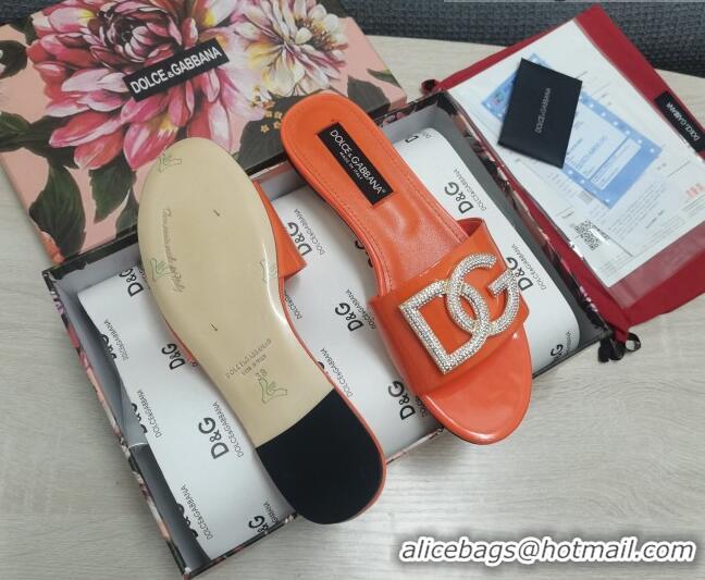 Fashion Discount Dolce & Gabbana Patent Leather Crystal DG Flat Slide Sandals Orange 030562