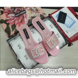 Fashion Dolce & Gabbana Patent Leather Crystal DG Flat Slide Sandals Light Pink 030563