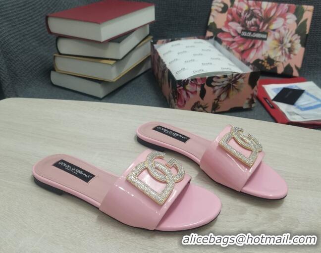 Fashion Dolce & Gabbana Patent Leather Crystal DG Flat Slide Sandals Light Pink 030563